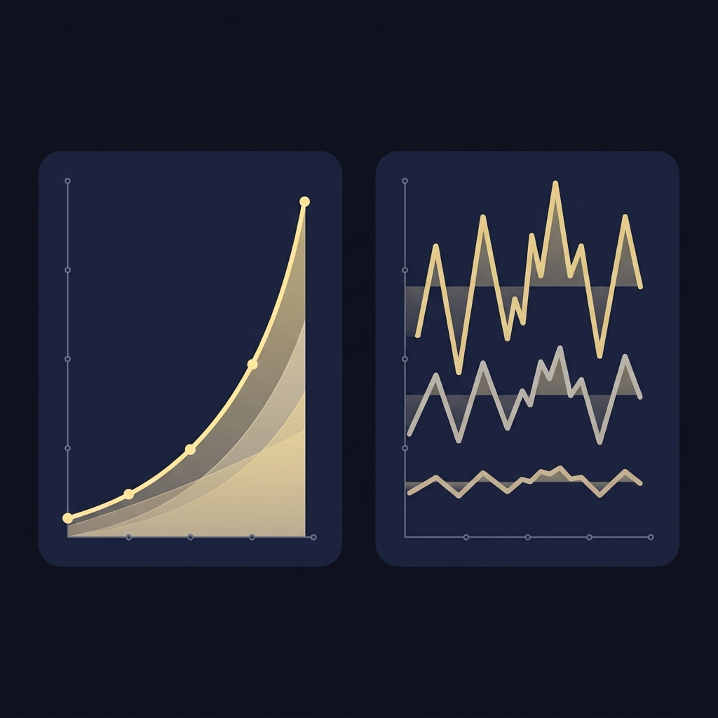 Minimal 2D vector side by side charts comparing long term Kelly geometric growth and drawdowns variance across stake sizes in Funded Plays brand style for 1bettor sports