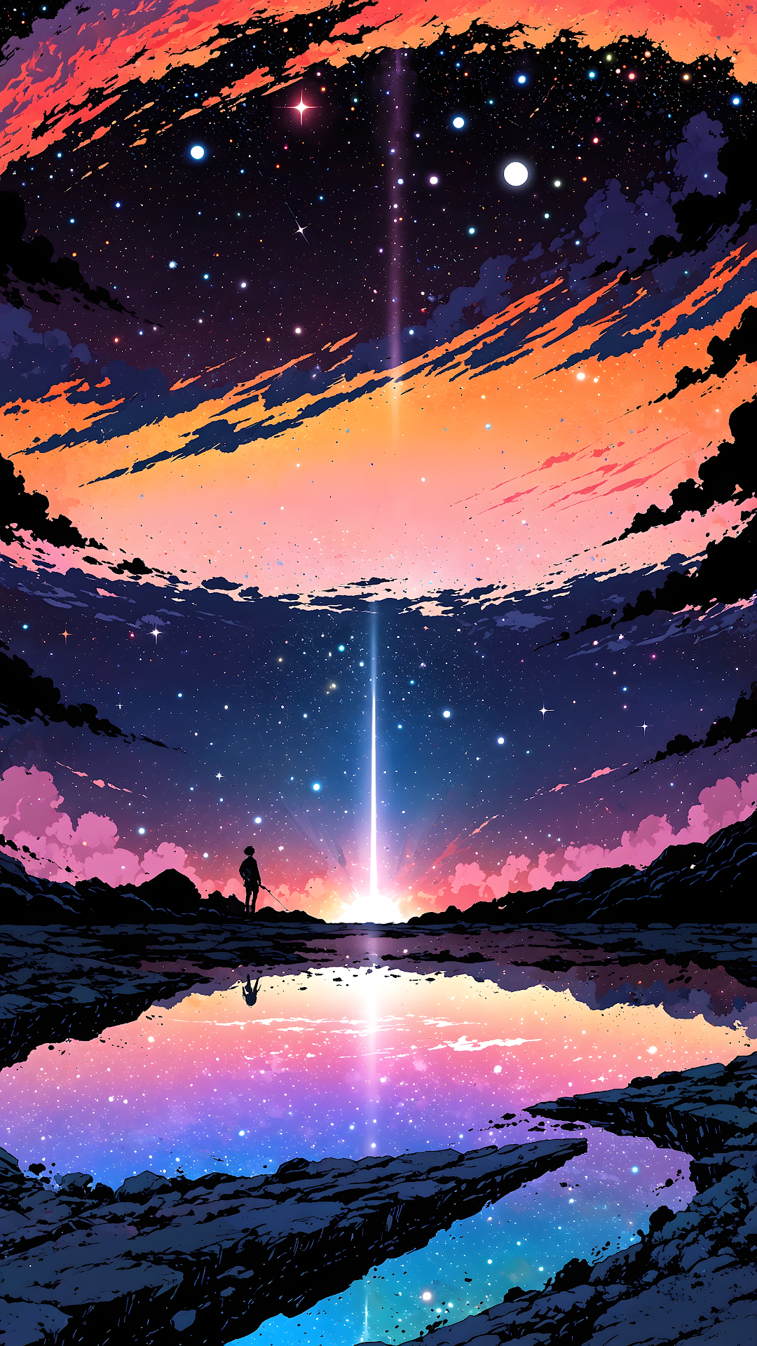 Cosmic Beam Reflection under Orange and Pink Night Sky - Free 4K mobile Wallpaper