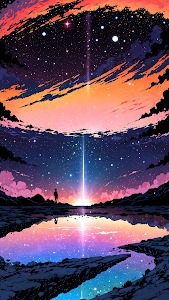 Cosmic Beam Reflection under Orange and Pink Night Sky
