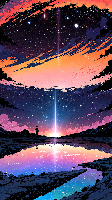Cosmic Beam Reflection under Orange and Pink Night Sky - Free mobile Wallpaper