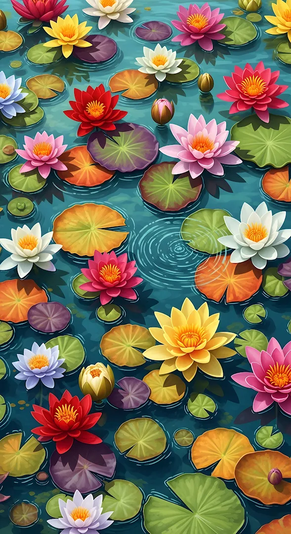 Colorful Water Lilies and Lily Pads on Blue Pond