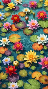 Colorful Water Lilies and Lily Pads on Blue Pond