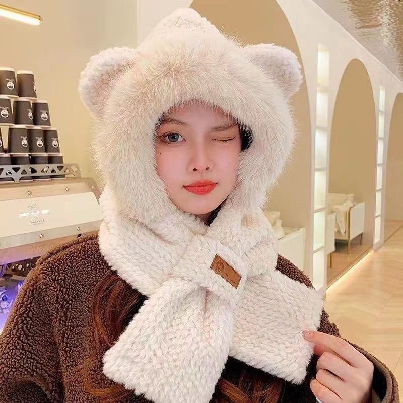 Fluffy set of hat with fox ears and scarf