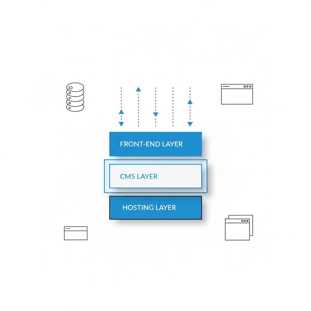 Minimal 2D vector diagram of layered paper cutouts representing front-end, CMS, and hosting layers connected by dotted lines and arrows &mdash; visual metaphor for code vs website maker.