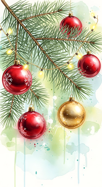 Watercolor Christmas Ornaments on Pine Branch with String Lights - Free mobile Wallpaper