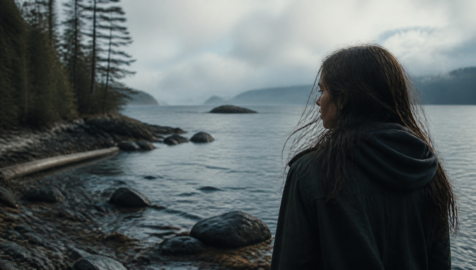 Ella Rubin in Sterling Point on a remote Canadian island, surrounded by cold water and muted daylight.