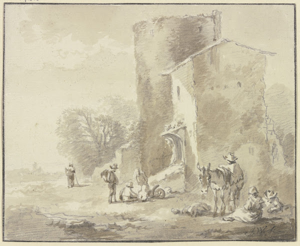 Haus an einem verfallenen Turm und Gruppen von rastenden Figuren