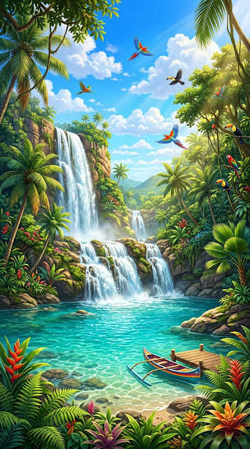 Lush Tropical Jungle with Waterfall and Exotic Birds - Free mobile Wallpaper