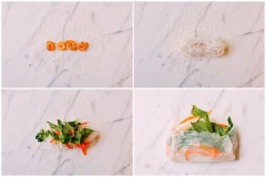 Bánh tráng nhúng nước khoảng 5 giây rồi đặt lên thớt, cho 4 con tôm, bún, dưa giá, rau thơm lên gấp mép hai bên rồi cuộn chặt tay. Làm tương tư đến khi hết nguyên liệu. Làm nước chấm: cho bơ đậu phộng, nước nóng, ớt sa tế, 1 muỗng nước tương, tỏi băm, đường vào chén khuấy đều là xong rồi đó nha.