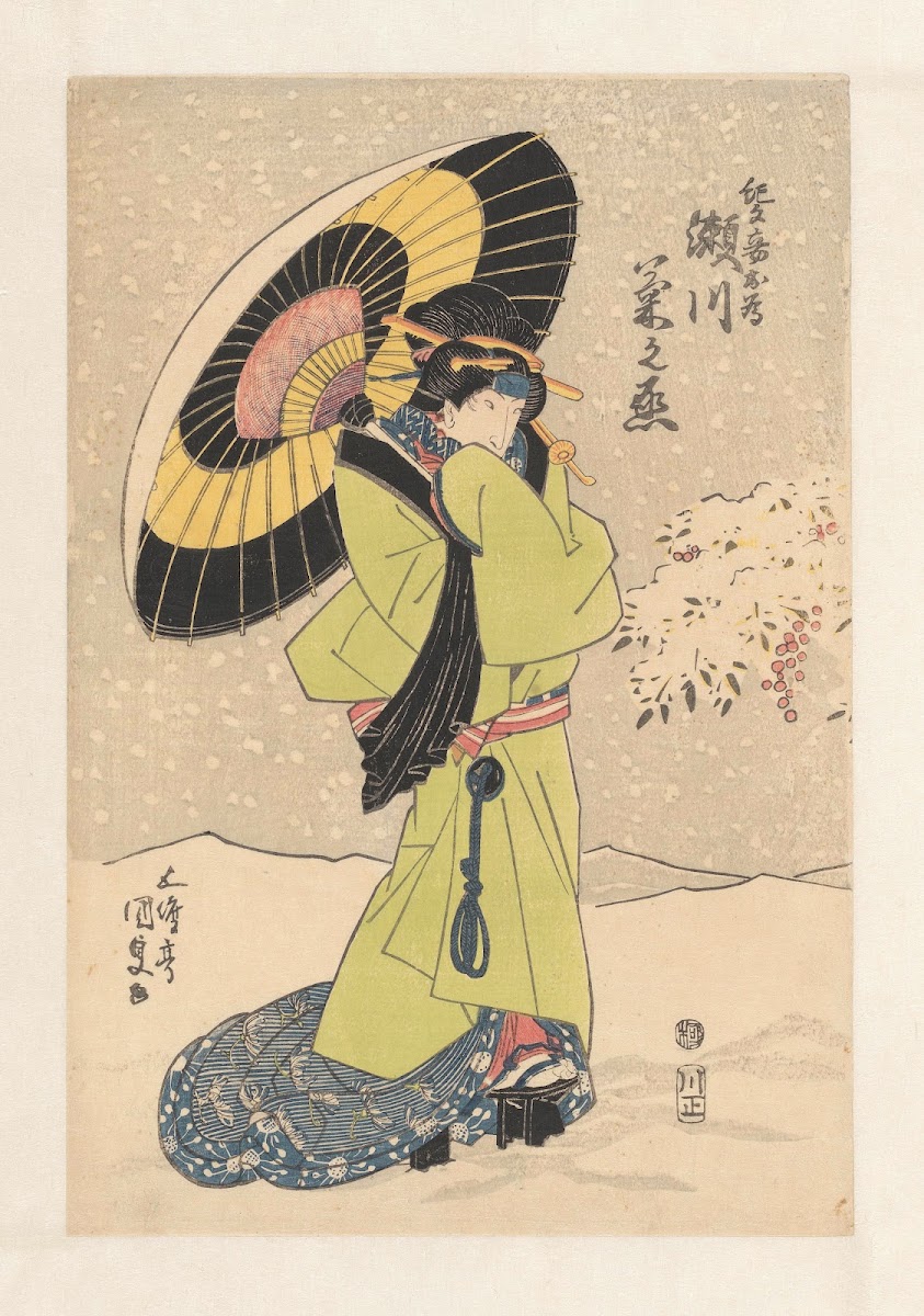 Geisha under umbrella in the snow 1830