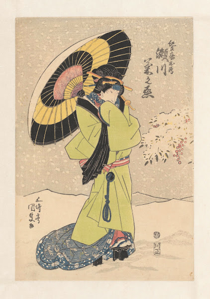 Geisha under umbrella in the snow 1830
