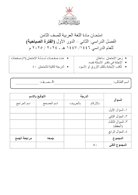 تجميع امتحانات نهائية 2024-2025 - عربي الصف 8 الفصل 2