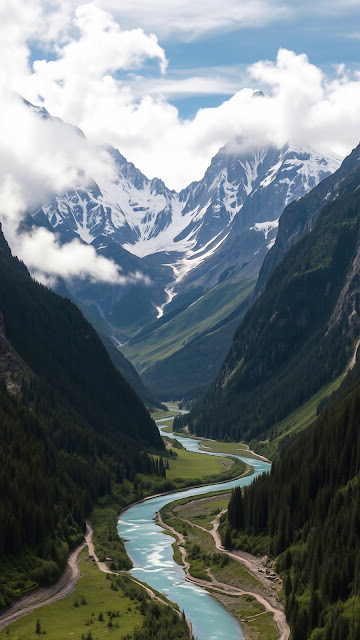 Turquoise Glacial River Alpine Valley Panorama - Free mobile Wallpaper