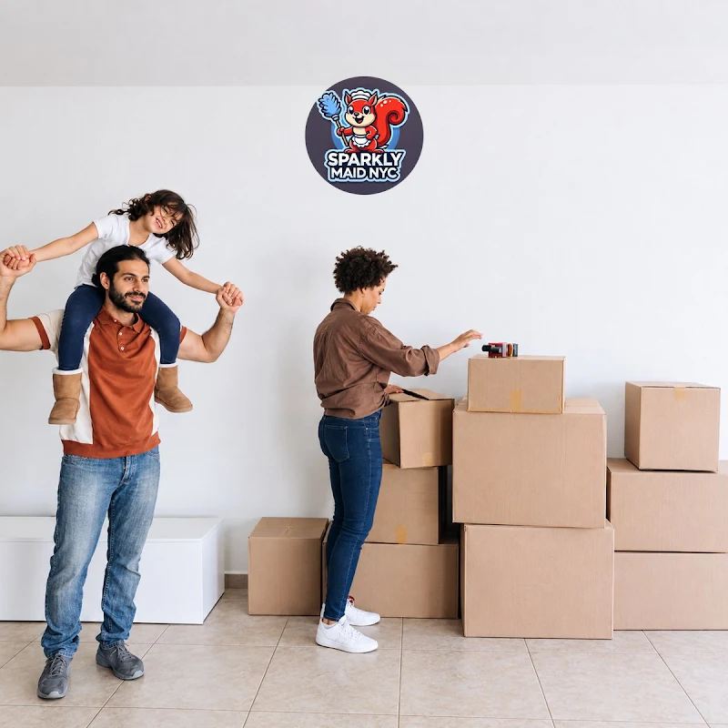 Family packing boxes before a move-out cleaning in NYC