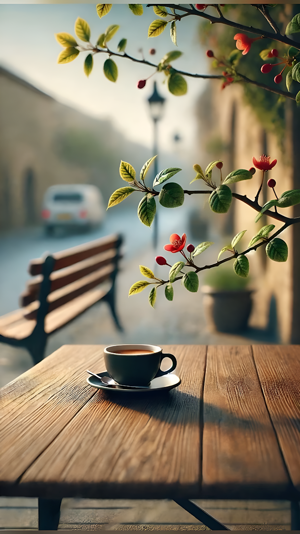 Coffee Cup on Wooden Table Under Blooming Branch