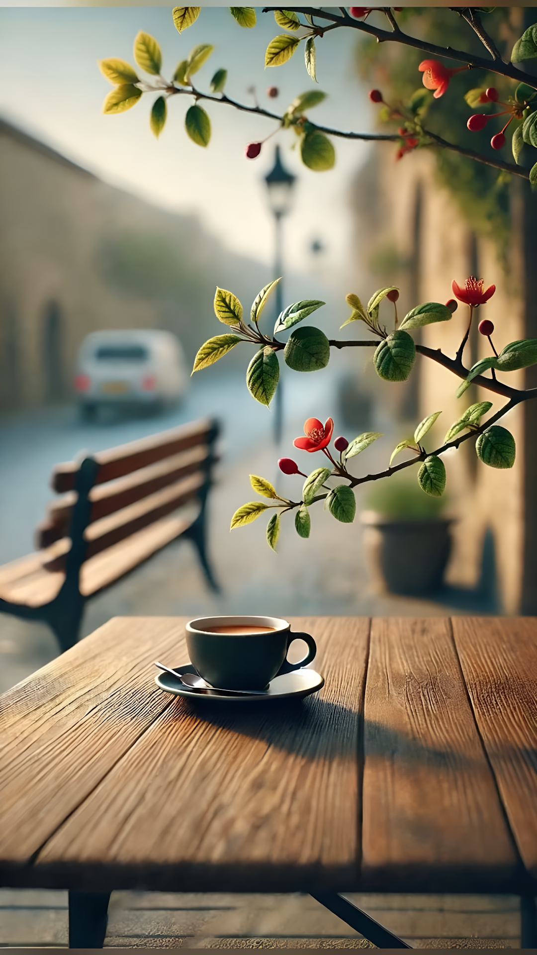 Coffee Cup on Wooden Table Under Blooming Branch - Free 4K mobile Wallpaper