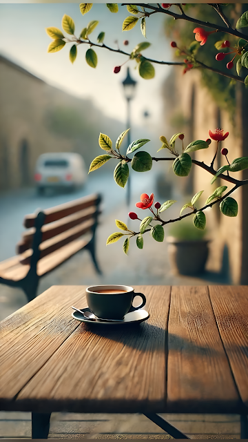 Coffee Cup on Wooden Table Under Blooming Branch - Free mobile Wallpaper