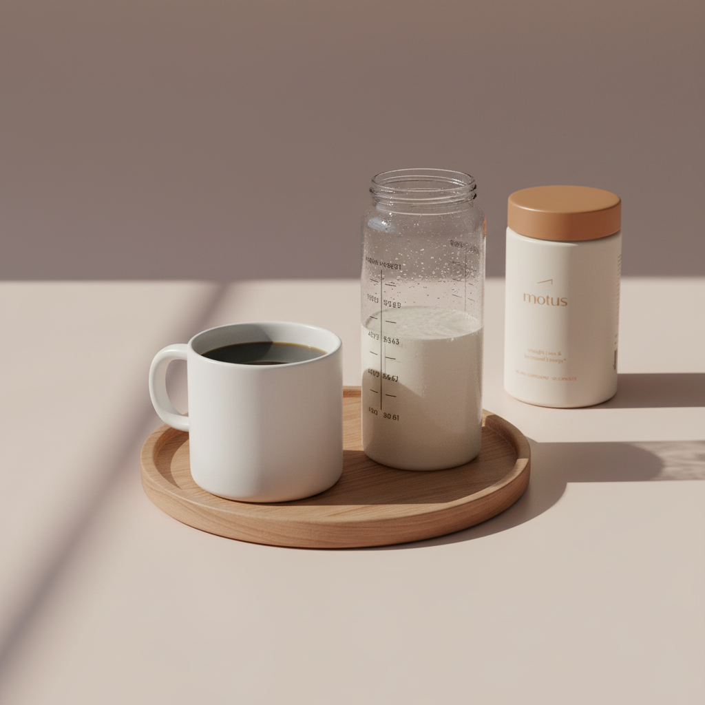 Minimalist still-life of a wooden tray with a mug of black coffee, a protein shaker, and a Tonum Motus supplement jar on a #F2E5D5 background — Which liquid reduces belly fat?