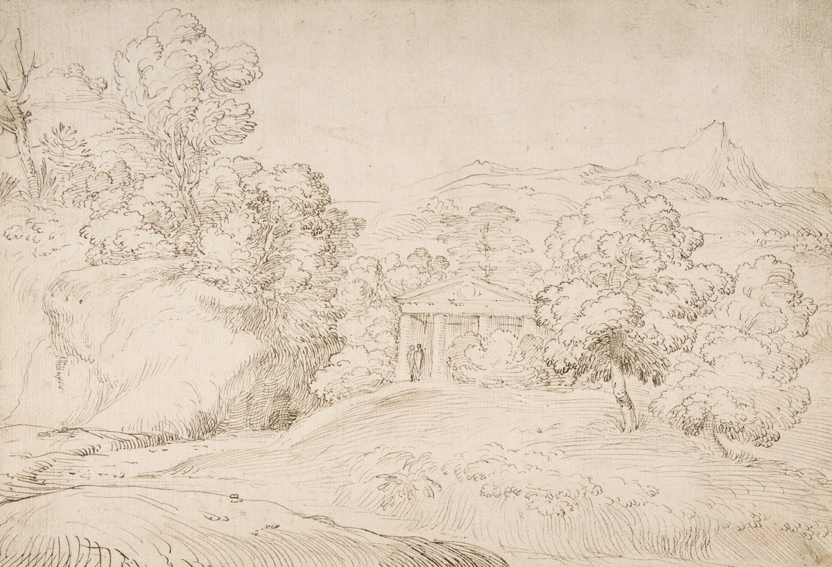 Landscape with a Pedimented Temple and Two Figures 17th century