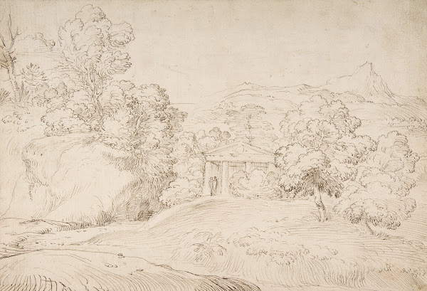 Landscape with a Pedimented Temple and Two Figures 17th century