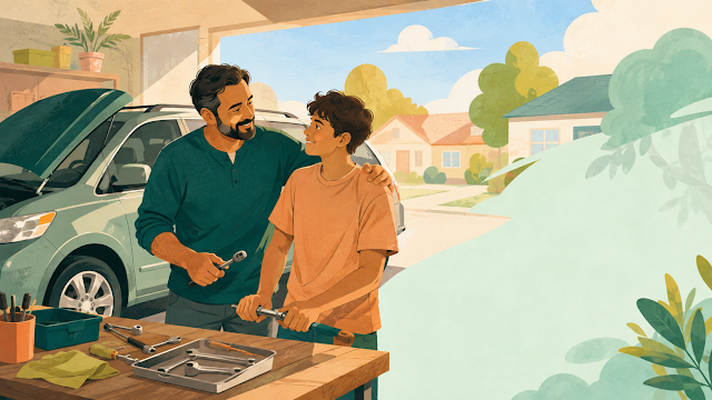 Editorial illustration for Father-son garage fixes cars for what families can afford