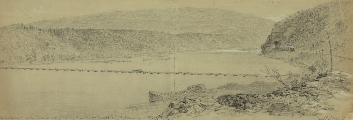 Pontoon Bridge over the Potomac Maryland heights in the distance and Baltimore a