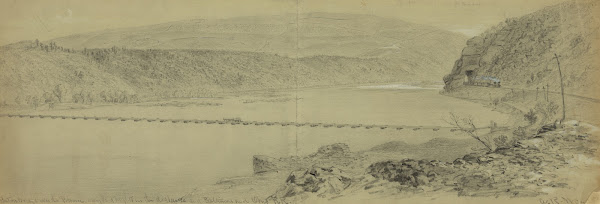 Pontoon Bridge over the Potomac Maryland heights in the distance and Baltimore a