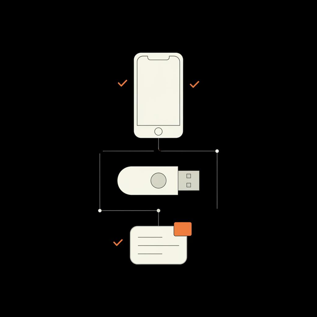 Minimal vector infographic of a smartphone, a hardware security key, and a backup codes sheet on black background, illustrating how to recover google account android.