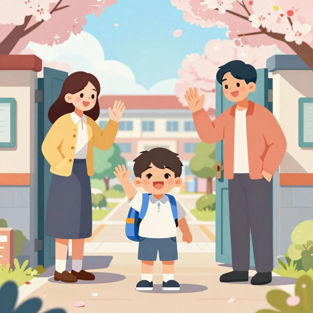 초등학교 입학 첫날 새 가방을 메고 설레는 표정으로 교문을 들어서는 아이