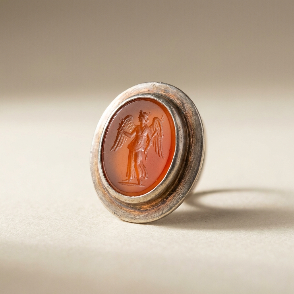 Macro close up of antique roman earrings intaglio bezel carved carnelian set in silver on neutral beige background showing detailed stone carving and metal setting