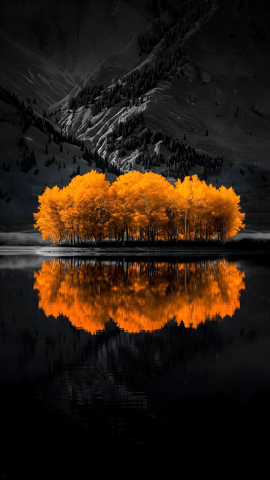 Selective Color Autumn Trees Reflection Monochrome Mountains - Free 4K mobile Wallpaper