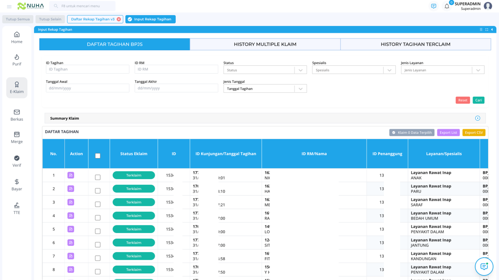 Tampilan fitur E-Klaim & Monitoring Status Klaim pada Modul Klaim Management NUHA