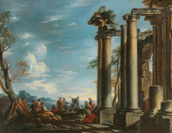 A coastal landscape with figures by a classical ruin