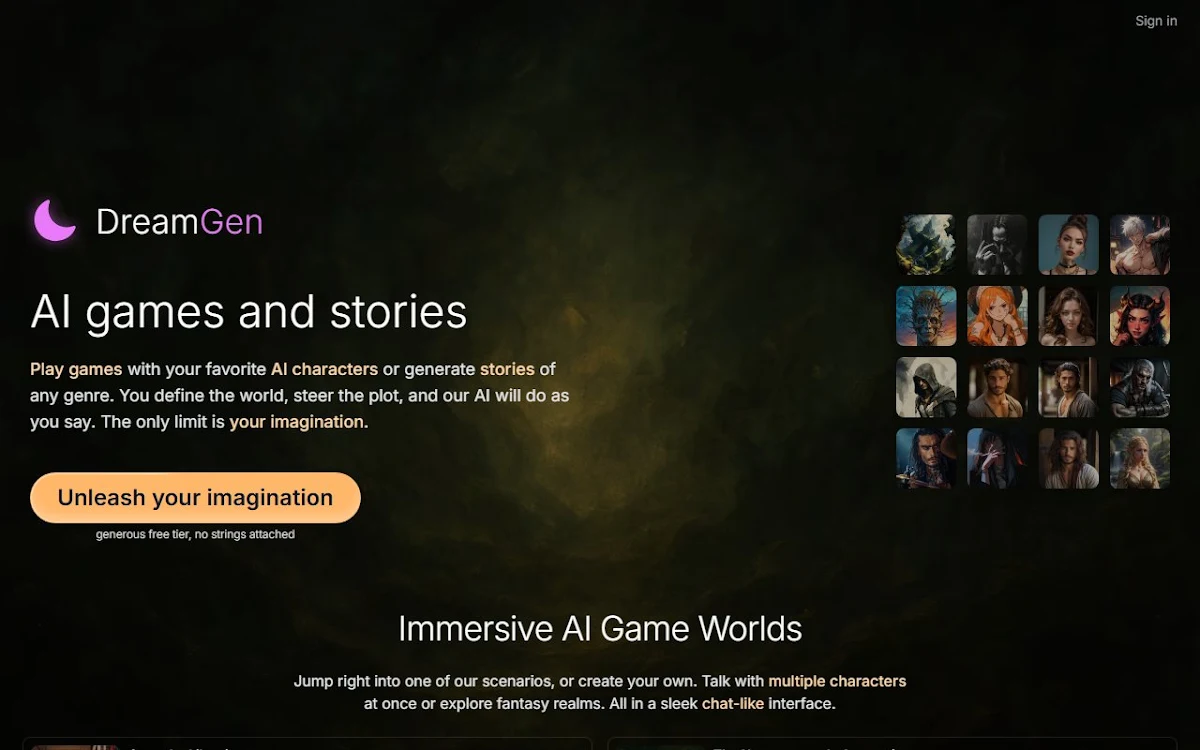 Captura de DreamGen: AI role-play & story-writing