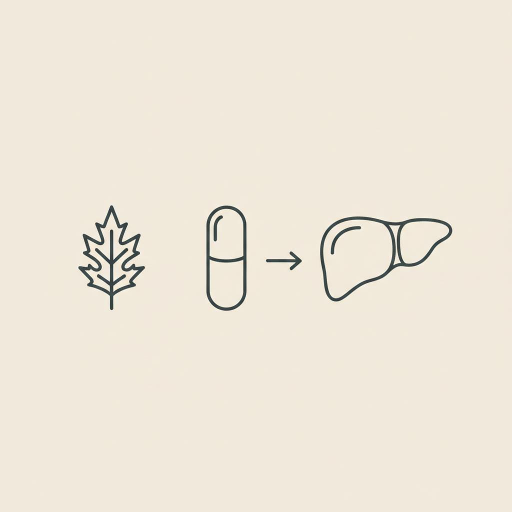 Minimal Tonum-style line illustration of a milk thistle leaf, capsule, and arrow pointing to a stylized liver on a beige background, representing siliphos.