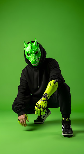 Neon Green Dragon Mask Cybernetic Arm Black Hoodie - Free mobile Wallpaper