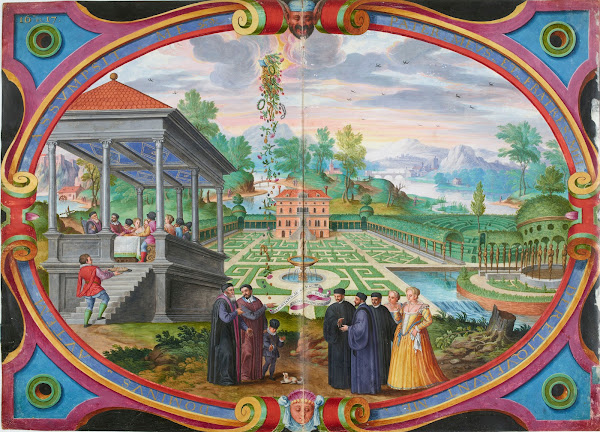 Tableau représentant Magius et son fils devant un paysage de jardins et de monta