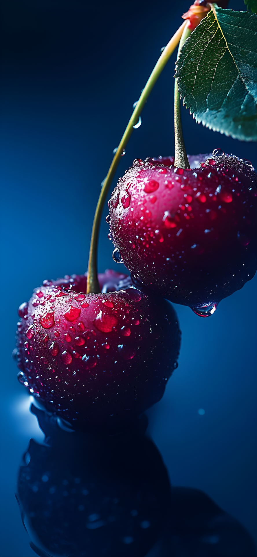 Wet Cherries Macro Dark Blue Background Food Art - Free 4K mobile Wallpaper