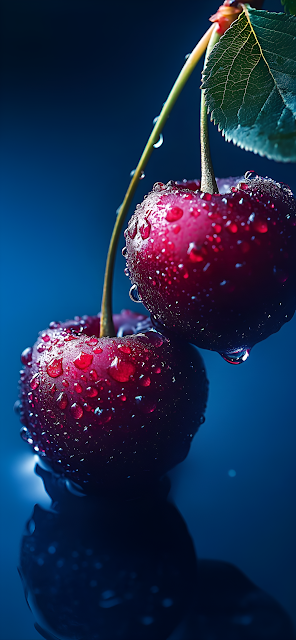 Wet Cherries Macro Dark Blue Background Food Art - Free mobile Wallpaper