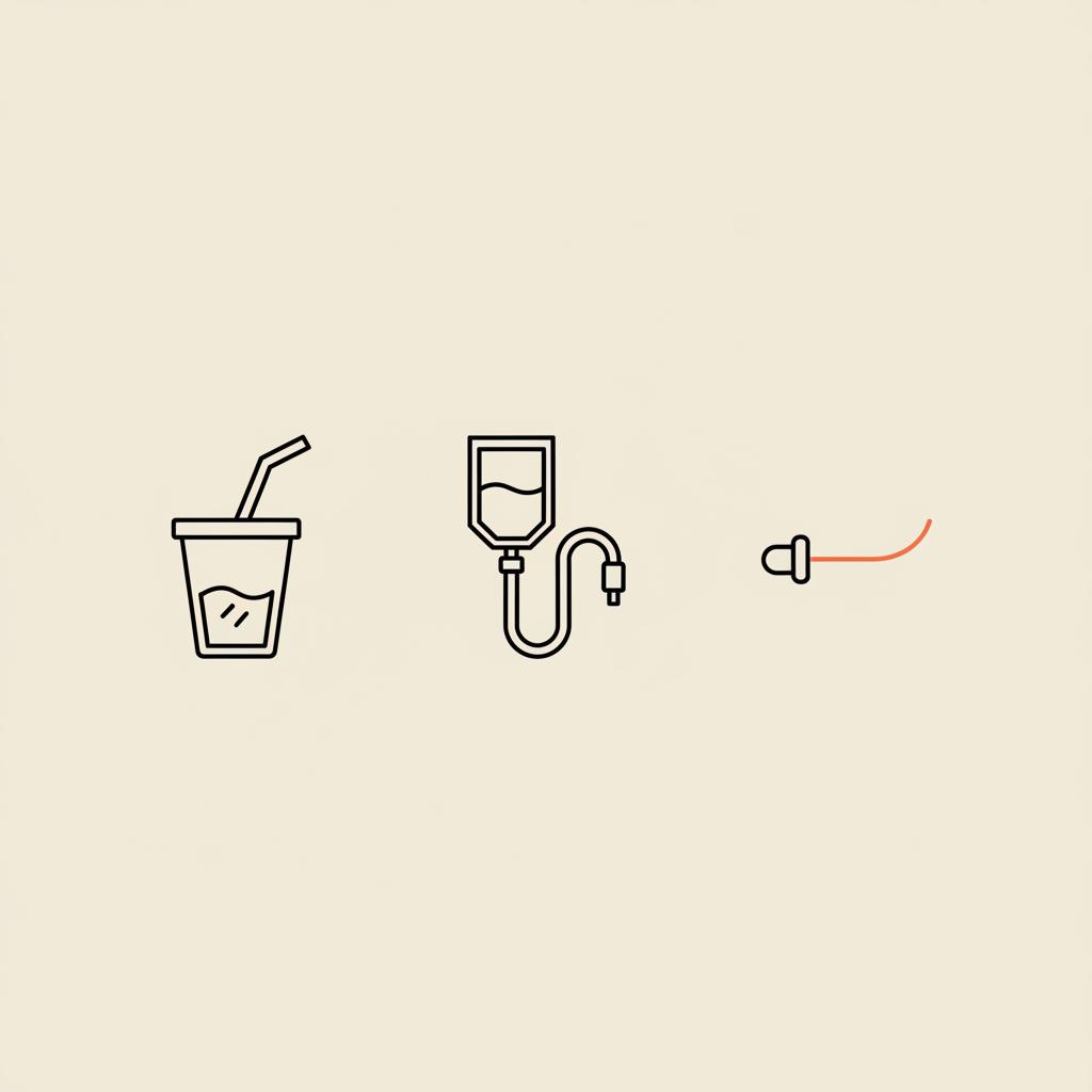 Minimalist vector line illustration of three black outlined icons on beige background showing a sipping cup, an enteral feeding tube, and a central line catheter for hospital meal replacements