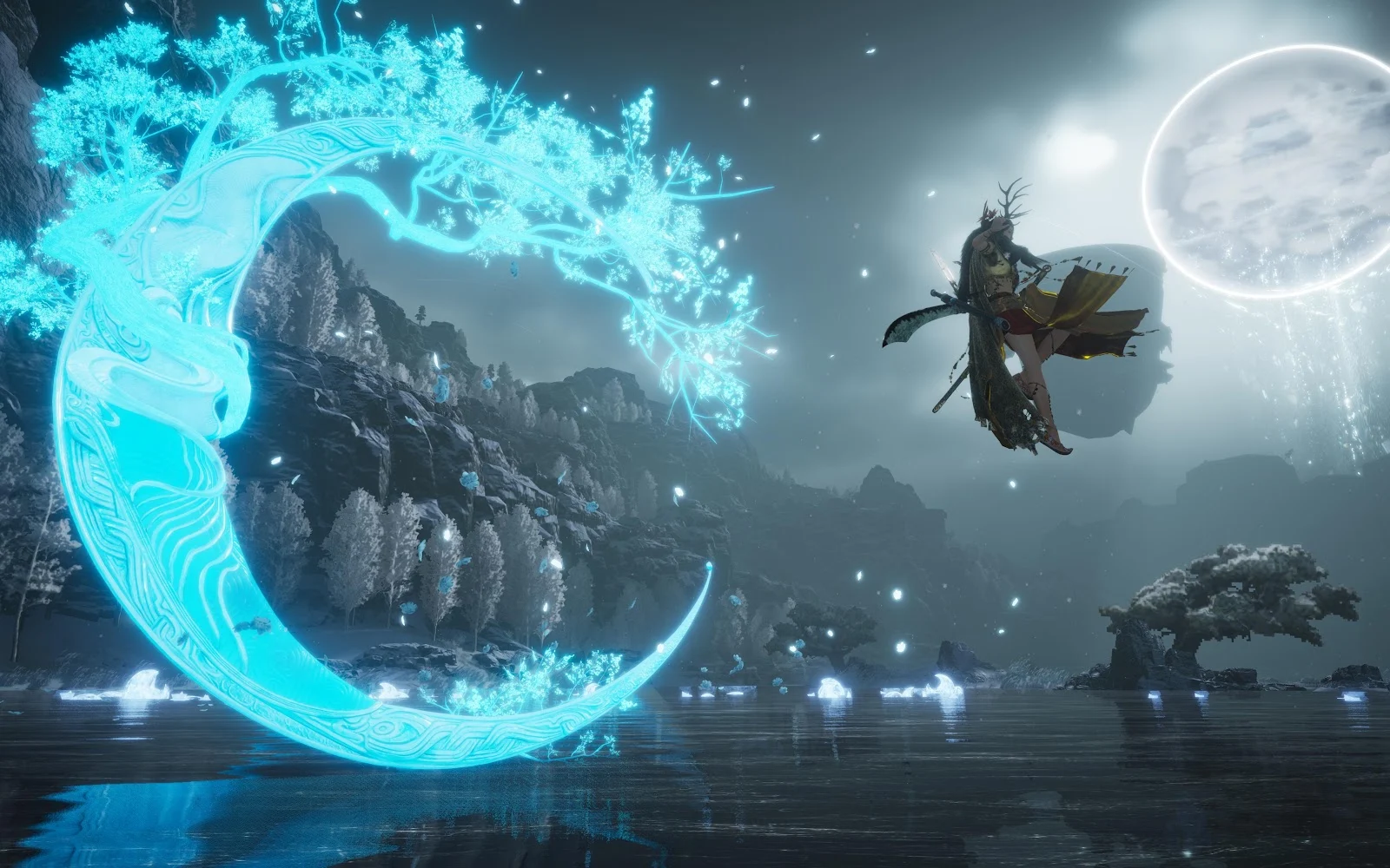 Glowing Crescent Tree Over Water - Fantasy Video Game 5K Wallpaper (5120x3200)