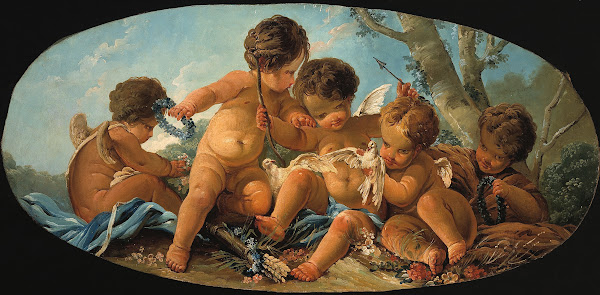 Groupe de cinq Amours avec des colombes 1928