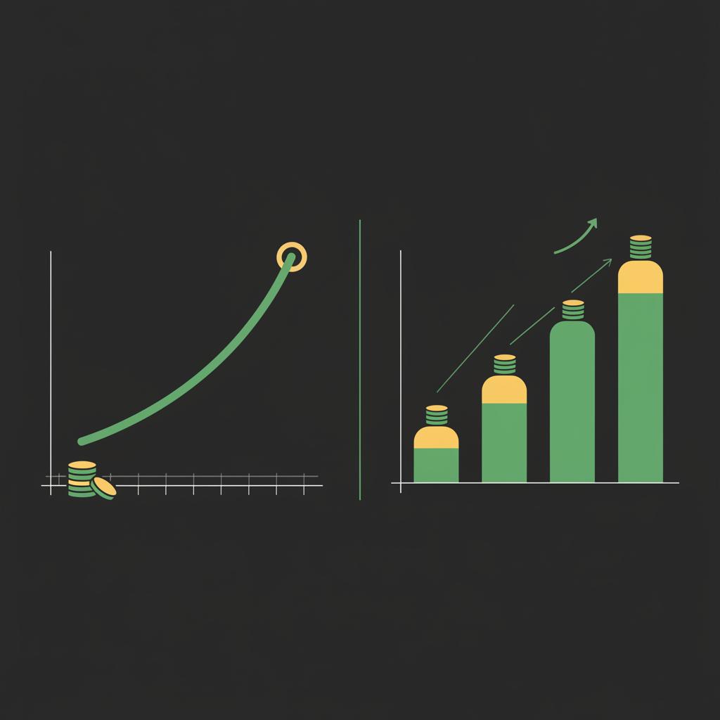 Minimalist 2D vector split screen comparison of lump sum versus staggered buys showing a rising line left and stepped buys right for how to begin investing