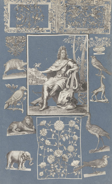 Collage of cut out prints pasted on blue paper Pl 11 1585