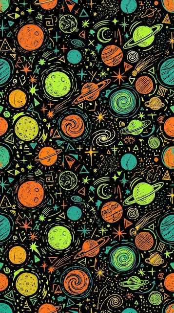 Colorful Hand-Drawn Abstract Space Planets and Stars Pattern - Free mobile Wallpaper