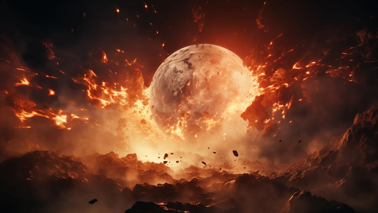 Ai Art, Illustration, Moon, Explosion, Fire 5K Desktop Wallpaper