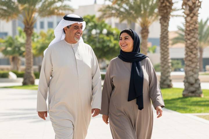 زوجان من كبار السن يستمتعان بالمشي في الحديقة