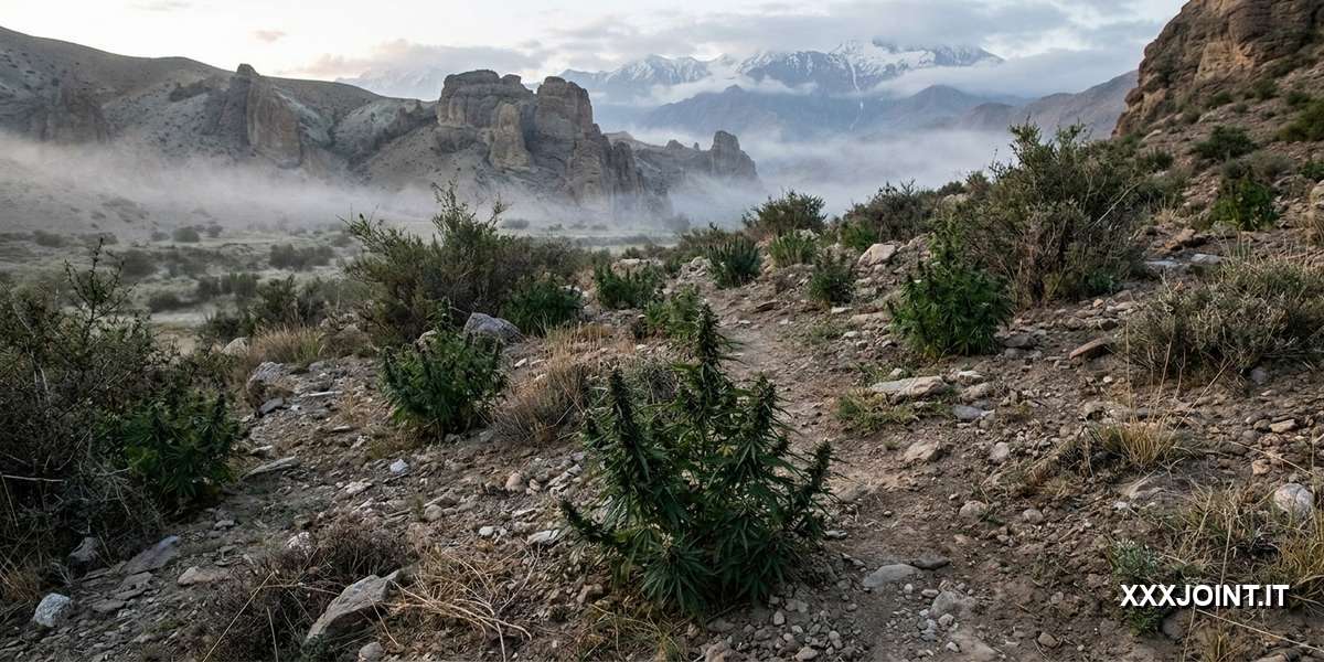 Paesaggio ai piedi dell'Hindu Kush con piante selvatiche di Cannabis Indica