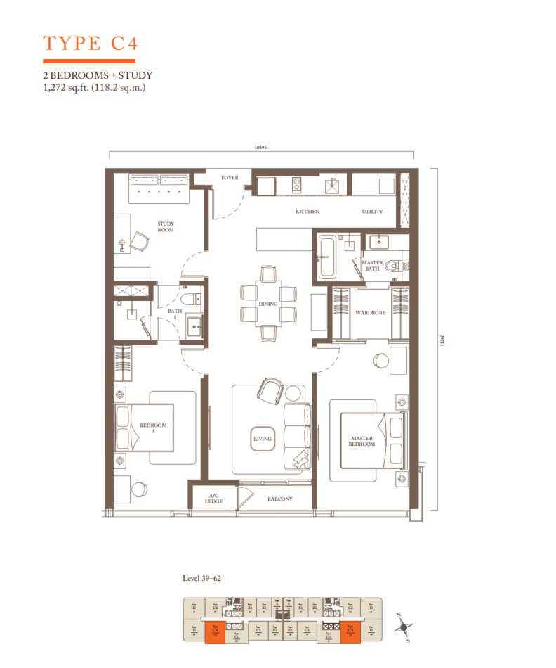 Pavilion Square Residences Type C4 (Dual Key) floor plan — 1272 sq ft, 3 bedrooms