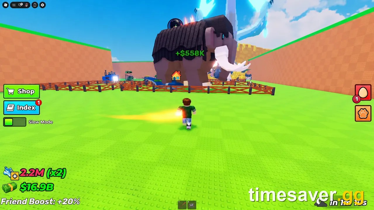 Steal An Egg gameplay — a player crossing a biome toward a fenced area of giant pets